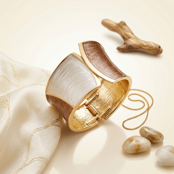 Elegant Gold-Tone Dual Shade Statement Cuff Bracelet for Women | Ivory & Bronze Textured Enamel Bangle