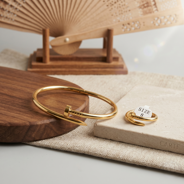 Classic Anti-Tarnish Nail Design Bangle & Matching Finger Ring Set – Gold Finish