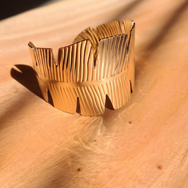 Gold-Tone Textured Statement Anti tarnish Cuff Bangle for Women | Contemporary Wide Open Bracelet