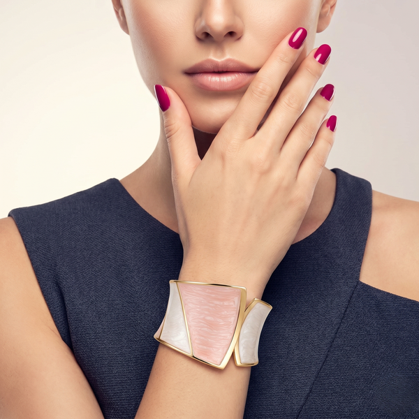 Luxurious Gold-Tone Pink Resin Statement Bracelet for Women | Contemporary Gloss Finish Cuff Bangle