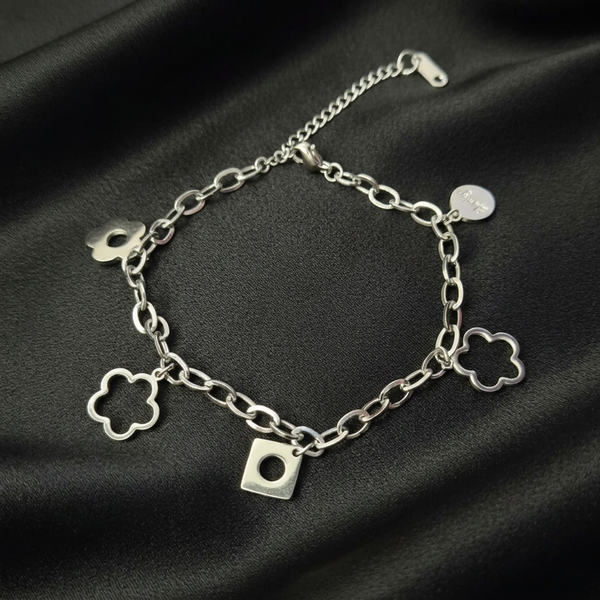 Sophisticated Silver-Toned Charm Bracelet – Contemporary Floral & Geometric Link Bracelet for Women