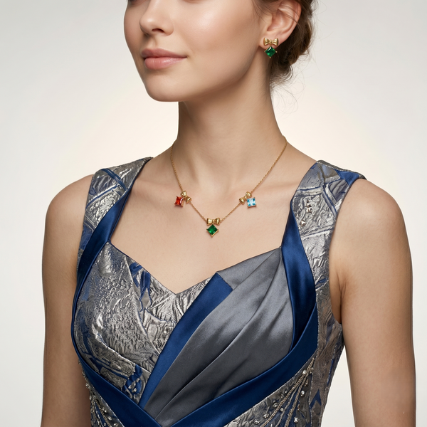 Charming Anti-Tarnish Multicolor Crystal Bow Necklace & Stud Earrings Set