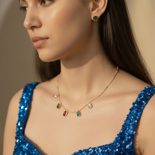 Delicate Multicolor Crystal Anti-Tarnish Necklace & Emerald Green Stud Earrings Set