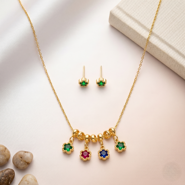 Luxury Anti-Tarnish Multicolor Floral Charm Necklace & Stud Earrings Set | Gold-Plated Everyday Jewelry