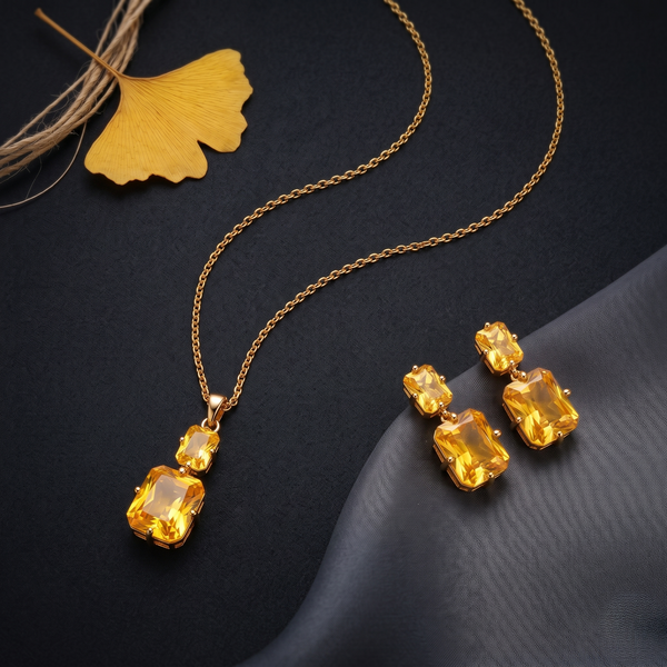 Golden Radiance Cushion-Cut Pendant Necklace & Drop Earrings Set