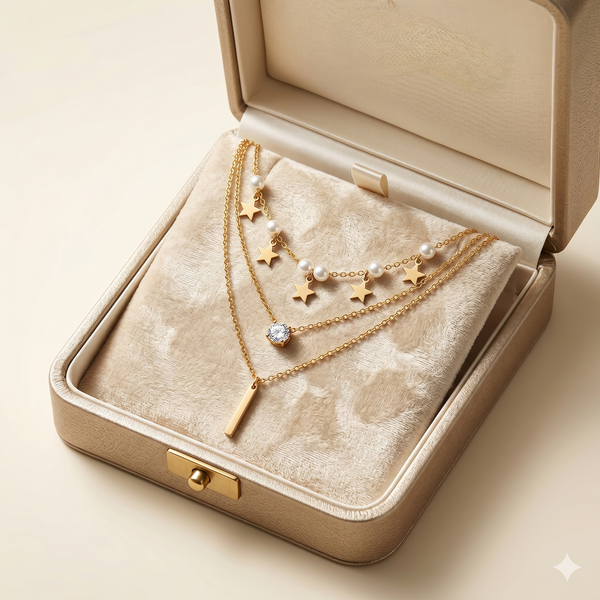 Celestial Pearl Charm 3-Layered Gold-Tone Necklace