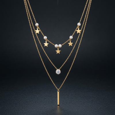 Celestial Pearl Charm 3-Layered Gold-Tone Necklace
