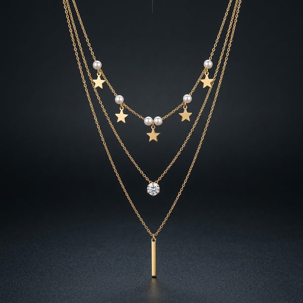 Celestial Pearl Charm 3-Layered Gold-Tone Necklace