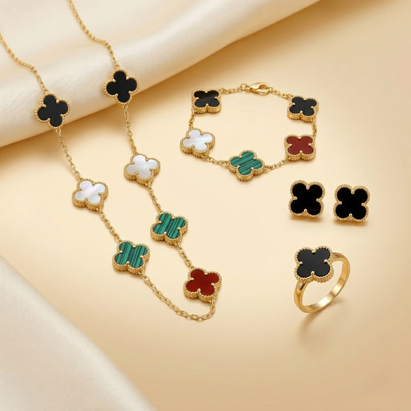 Timeless Clover Charm Jewellery Set – Necklace, Bracelet, Stud Earrings &amp; Finger Ring