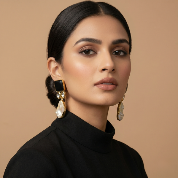 Black Onyx & Baroque Pearl Statement Drop Earrings