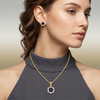 Royal Sapphire Halo Pendant &amp; Stud Earring Set – Gold-Toned Crystal Elegance