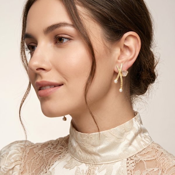Aurora Pearl &amp; Uncut Stone Gold-Tone Statement Earrings