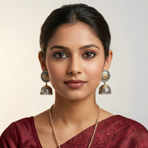 Dual-Tone Floral Heritage Oxidised Jhumka Earrings