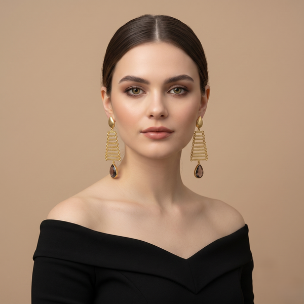 Radiant Gold-Tone Geometric Drop Earrings with Smoky Teardrop Crystal Accent