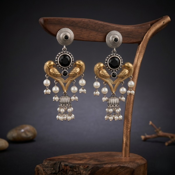 Vintage Dual-Tone Black Stone & Pearl Drop Earrings