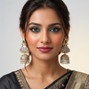Antique Dual-Tone Pearl Jhumka Earrings with Turquoise Stone | Oxidised Ethnic Statement Earrings for Women