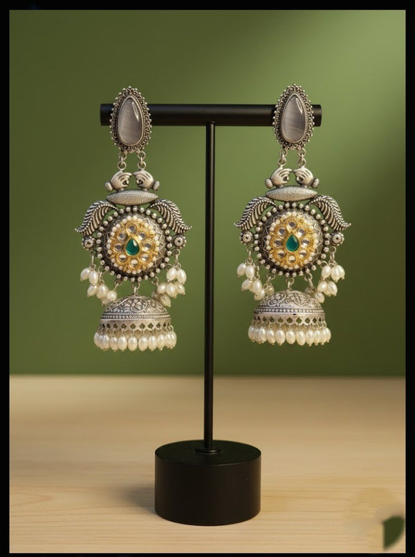 Royal Oxidised Silver-Tone Peacock Jhumka Earrings with Kundan, Green Stone & Pearl Drops | Traditional Ethnic Statement Earrings for Women