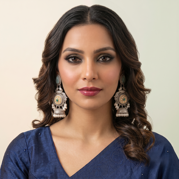 Royal Oxidised Silver-Tone Peacock Jhumka Earrings with Kundan, Green Stone & Pearl Drops | Traditional Ethnic Statement Earrings for Women