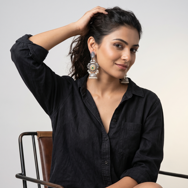 Royal Oxidised Silver-Tone Peacock Jhumka Earrings with Kundan, Green Stone & Pearl Drops | Traditional Ethnic Statement Earrings for Women