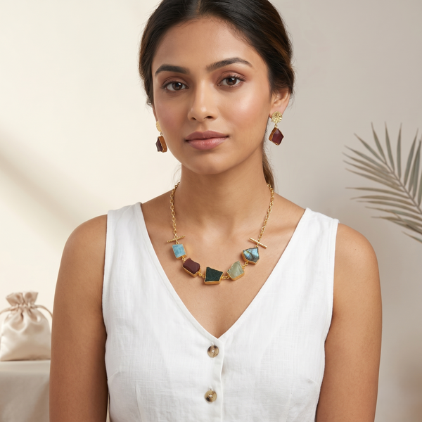 Exquisite Multi-Stone Uncut Gem Necklace & Drop Earrings Set – Gold-Tone Statement Jewelry