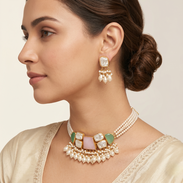 Pastel Pearl Statement Necklace & Drop Earrings Set – Handcrafted Multi-Stone Elegance