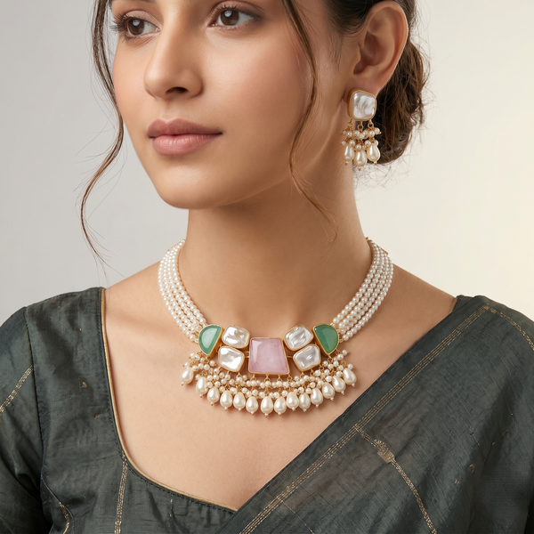 Pastel Pearl Statement Necklace & Drop Earrings Set – Handcrafted Multi-Stone Elegance