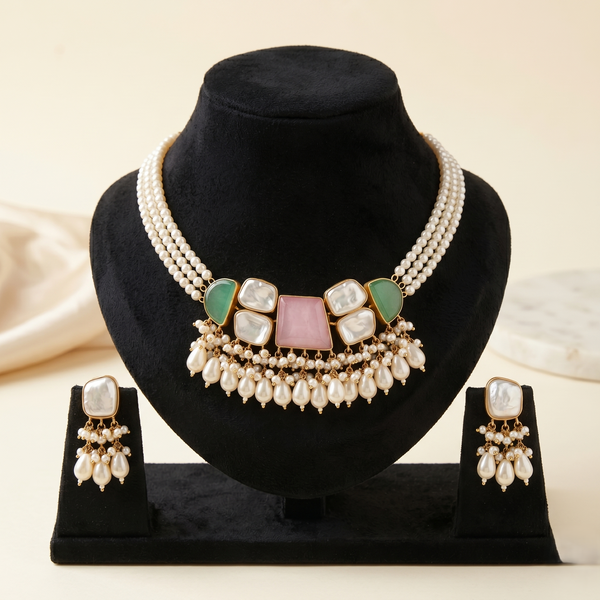 Pastel Pearl Statement Necklace & Drop Earrings Set – Handcrafted Multi-Stone Elegance