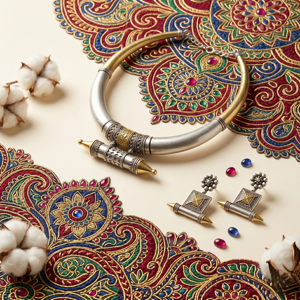 Heritage Fusion Statement Necklace & Drop Earrings Set – Oxidized Dual-Tone Tribal Elegance