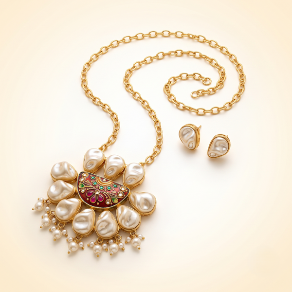 Premium Baroque Pearl Statement Pendant Necklace Set with Handcrafted Meenakari Motif & Matching Stud Earrings | Gold-Plated Ethnic Jewellery