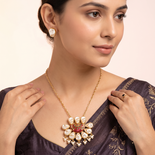 Premium Baroque Pearl Statement Pendant Necklace Set with Handcrafted Meenakari Motif & Matching Stud Earrings | Gold-Plated Ethnic Jewellery