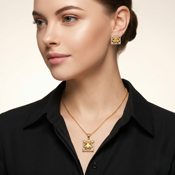 Royal Citrine Glow Pendant Set with Adjustable Ring – Gold-Plated Statement Jewellery Set