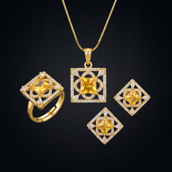 Royal Citrine Glow Pendant Set with Adjustable Ring – Gold-Plated Statement Jewellery Set