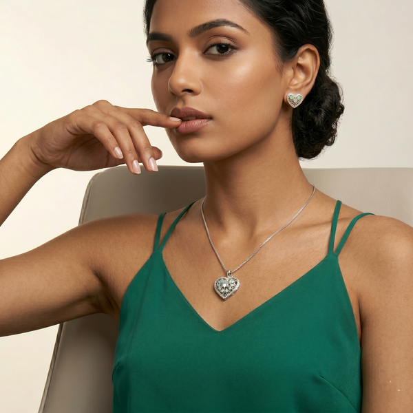 Graceful Heart-Shaped Pendant &amp; Stud Earring Set with Crystal Floral Detailing