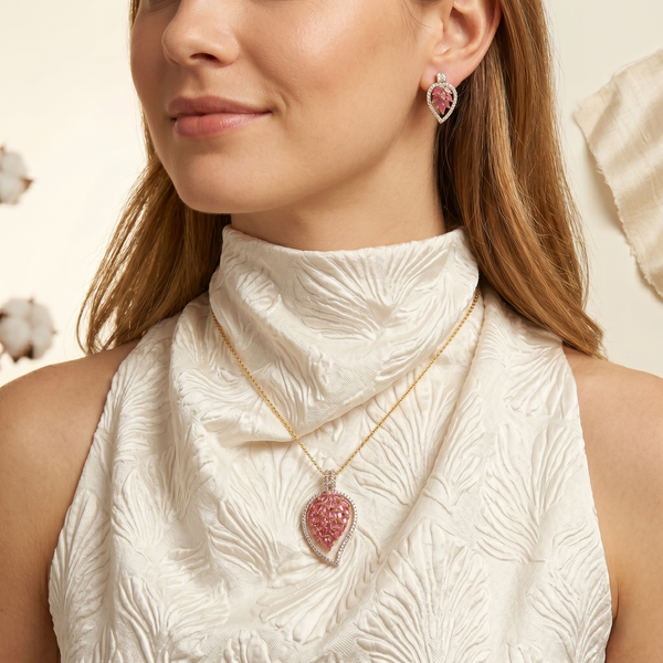 Elegant Pink Marquise Gemstone Teardrop Pendant with Matching Stud Earrings Set