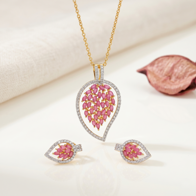 Elegant Pink Marquise Gemstone Teardrop Pendant with Matching Stud Earrings Set