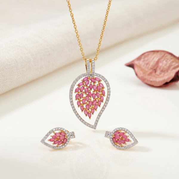 Elegant Pink Marquise Gemstone Teardrop Pendant with Matching Stud Earrings Set
