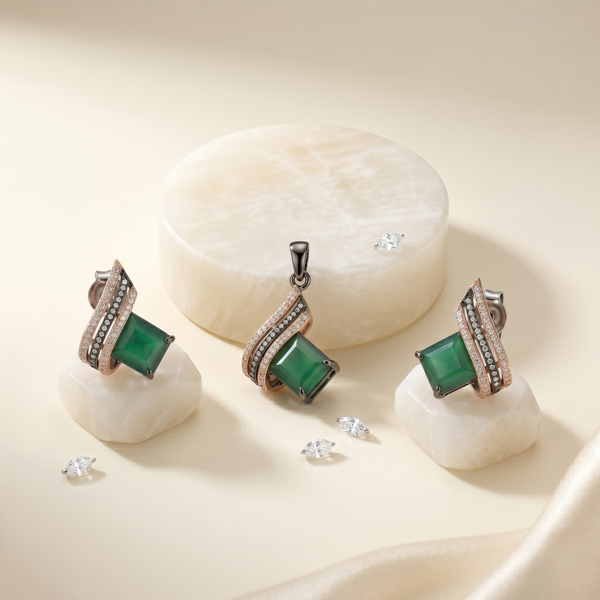 Emerald Green Agate & Pavé Diamond Deco Set in 14K Rose Gold – Pendant and Stud Earrings
