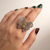 Vintage Dual-Tone Butterfly Statement Finger Ring | Antique Silver & Gold Finish Adjustable Cocktail Ring for Women