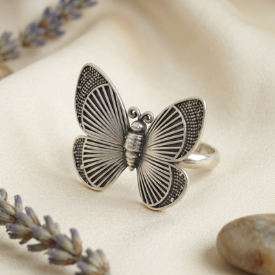 Vintage Butterfly Statement Finger Ring | Oxidized Silver Finish | Adjustable Fashion Ring for Women