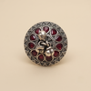 Vintage Oxidised Silver-Tone Ruby Red Stone Statement Finger Ring with Ghungroo Charms