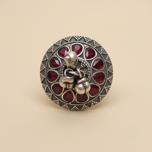 Vintage Oxidised Silver-Tone Ruby Red Stone Statement Finger Ring with Ghungroo Charms
