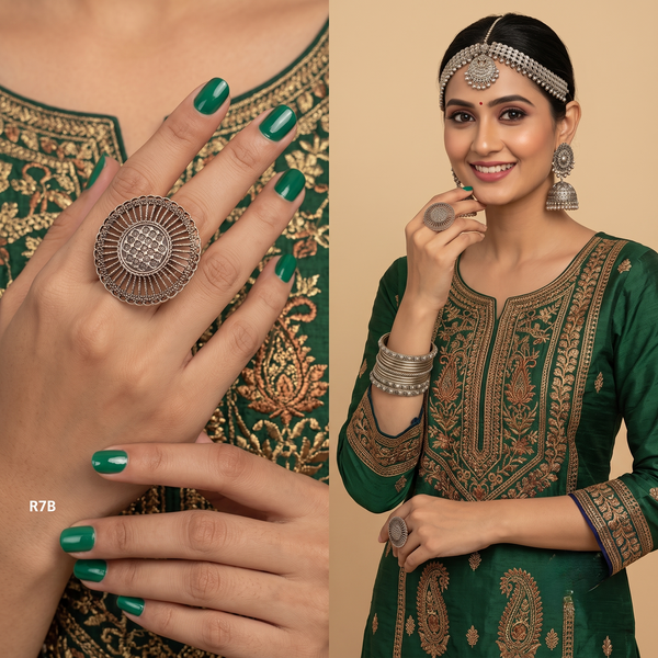 Vintage Oxidised Silver-Tone Oval Filigree Statement Finger Ring | Adjustable Bohemian Cocktail Ring for Women