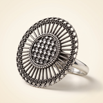 Vintage Oxidised Silver-Tone Oval Filigree Statement Finger Ring | Adjustable Bohemian Cocktail Ring for Women