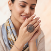 Vintage Oxidised Silver-Tone Oval Filigree Statement Finger Ring | Adjustable Bohemian Cocktail Ring for Women