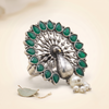Vintage Peacock Motif Oxidised Silver-Tone Adjustable Finger Ring with Emerald Green Stones & Pearl Accent