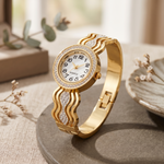 Elegant Gold-Tone Crystal Embellished Designer Bangle Watch for Women