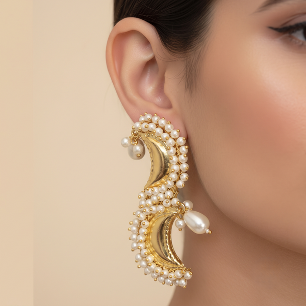 Premium Gold-Tone Crescent Pearl Statement Earrings with Teardrop Pearl Accents