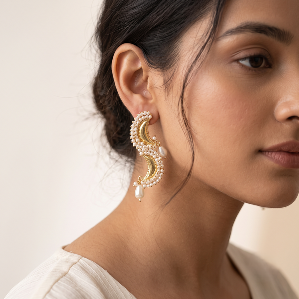 Premium Gold-Tone Crescent Pearl Statement Earrings with Teardrop Pearl Accents