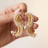 Premium Gold-Tone Crescent Pearl Statement Earrings with Teardrop Pearl Accents