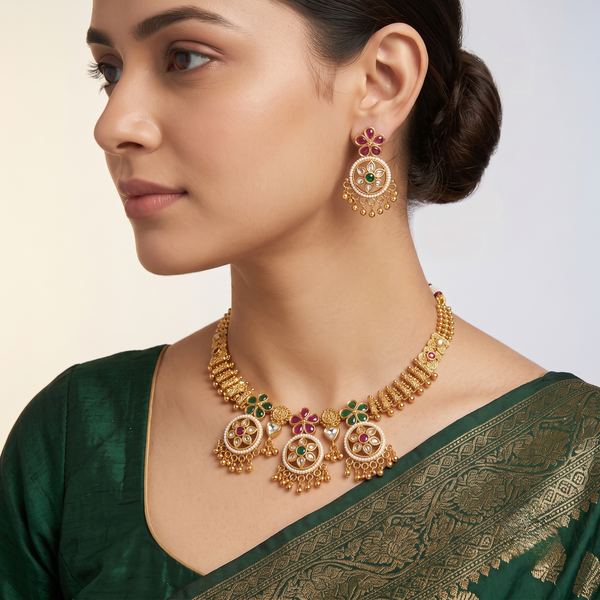 Exquisite Kundan Floral Necklace Set with Matching Drop Earrings
